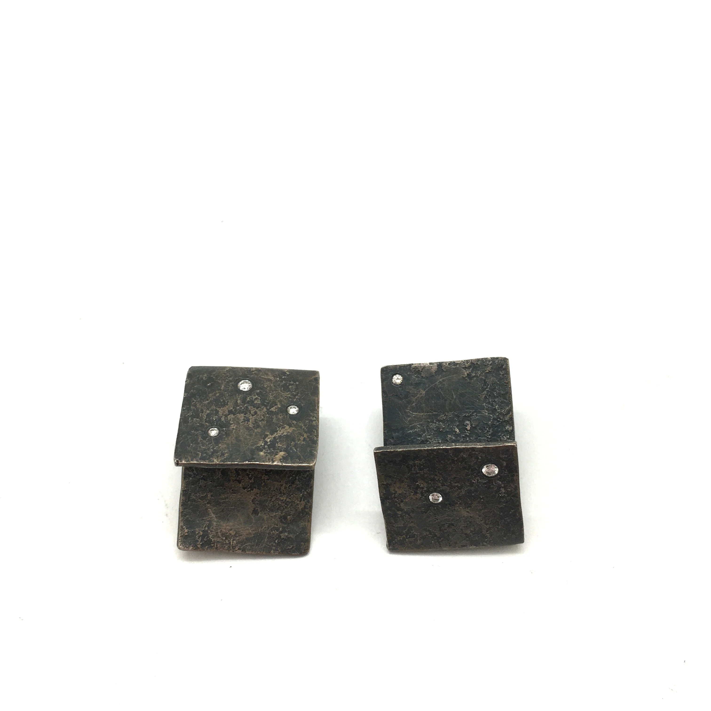 Oxidized Silver Diamond Tab Clip Earrings - Image 3