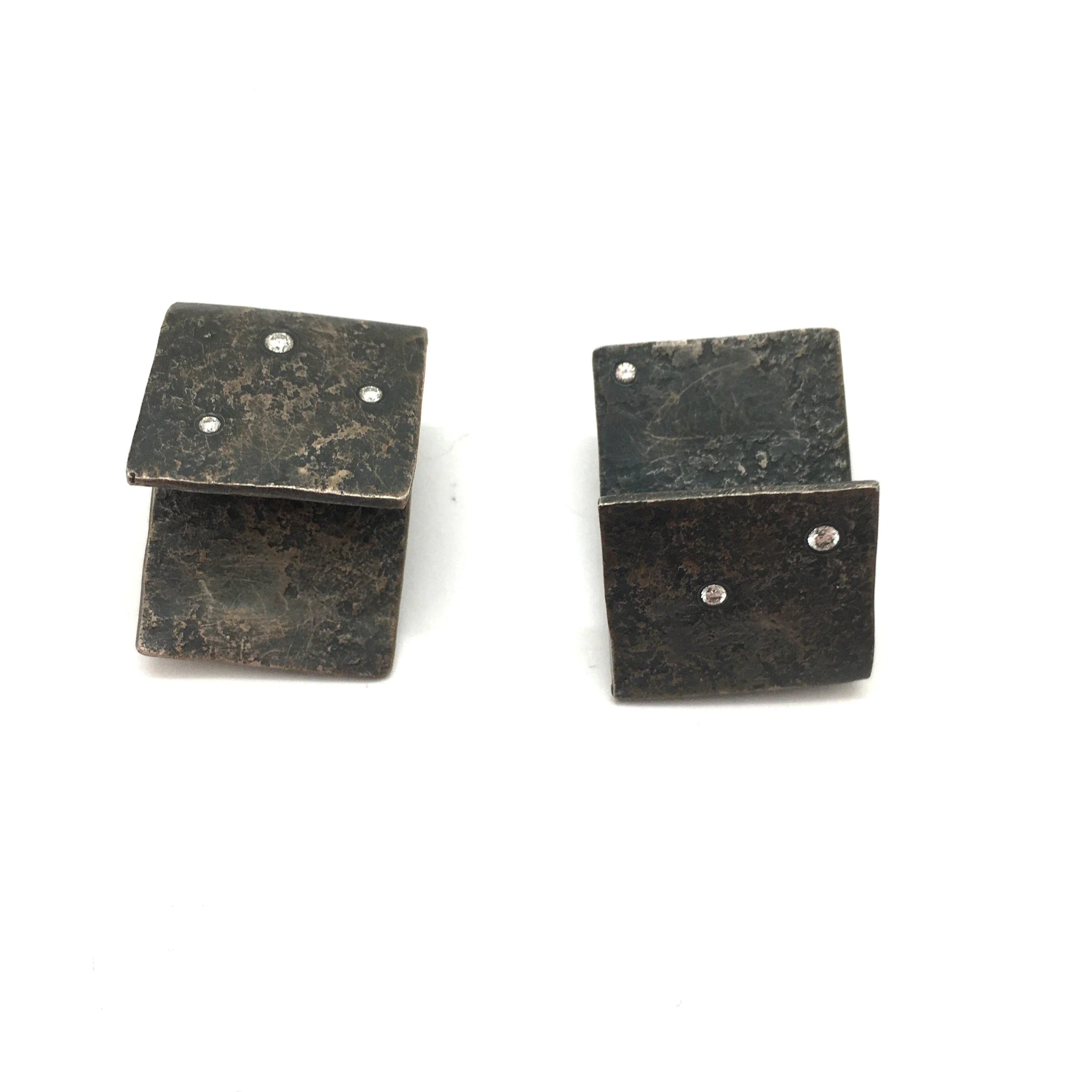 Oxidized Silver Diamond Tab Clip Earrings - Image 5