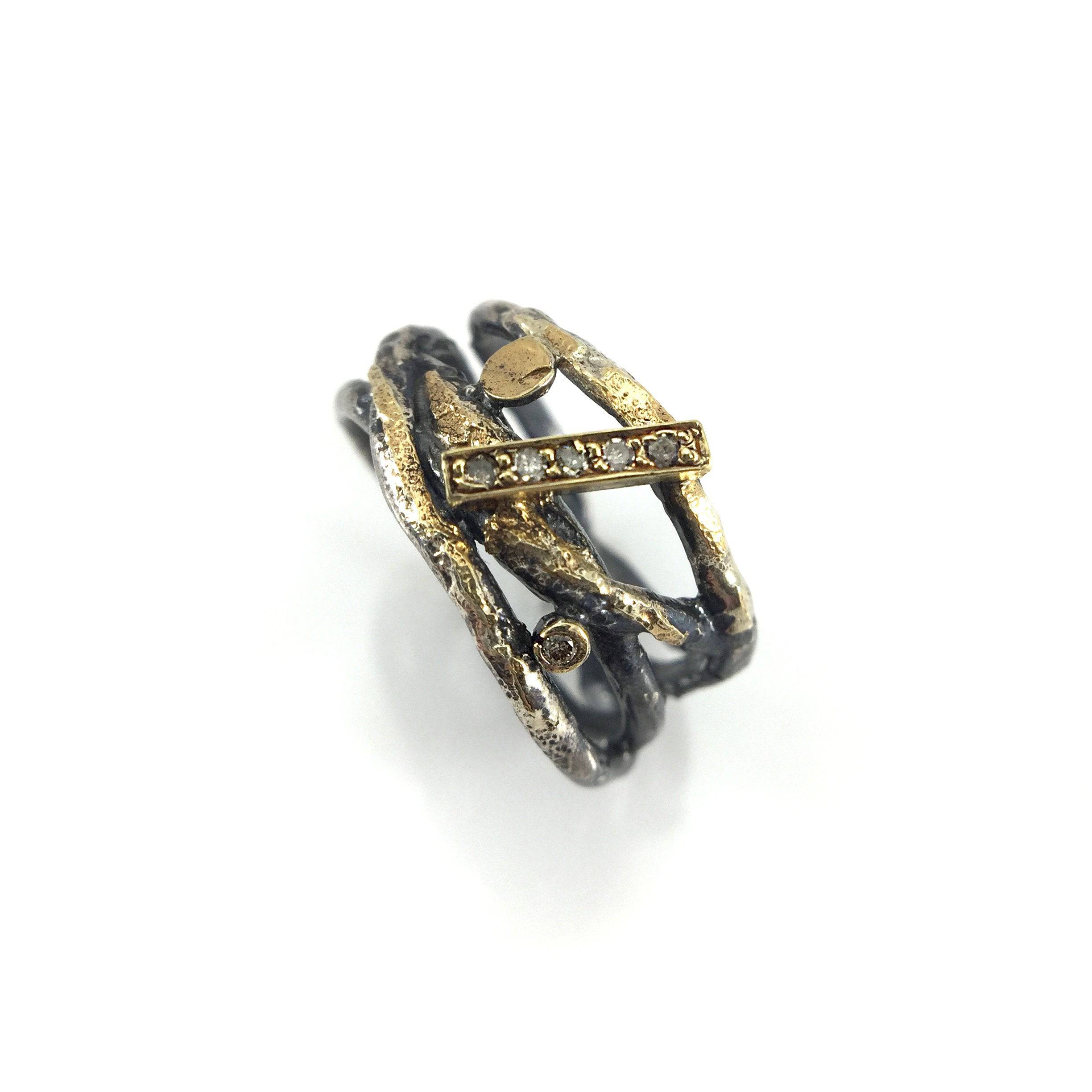 Oxidized Silver, Pave set Diamonds and 22k Gold Wrap Ring - Image 3