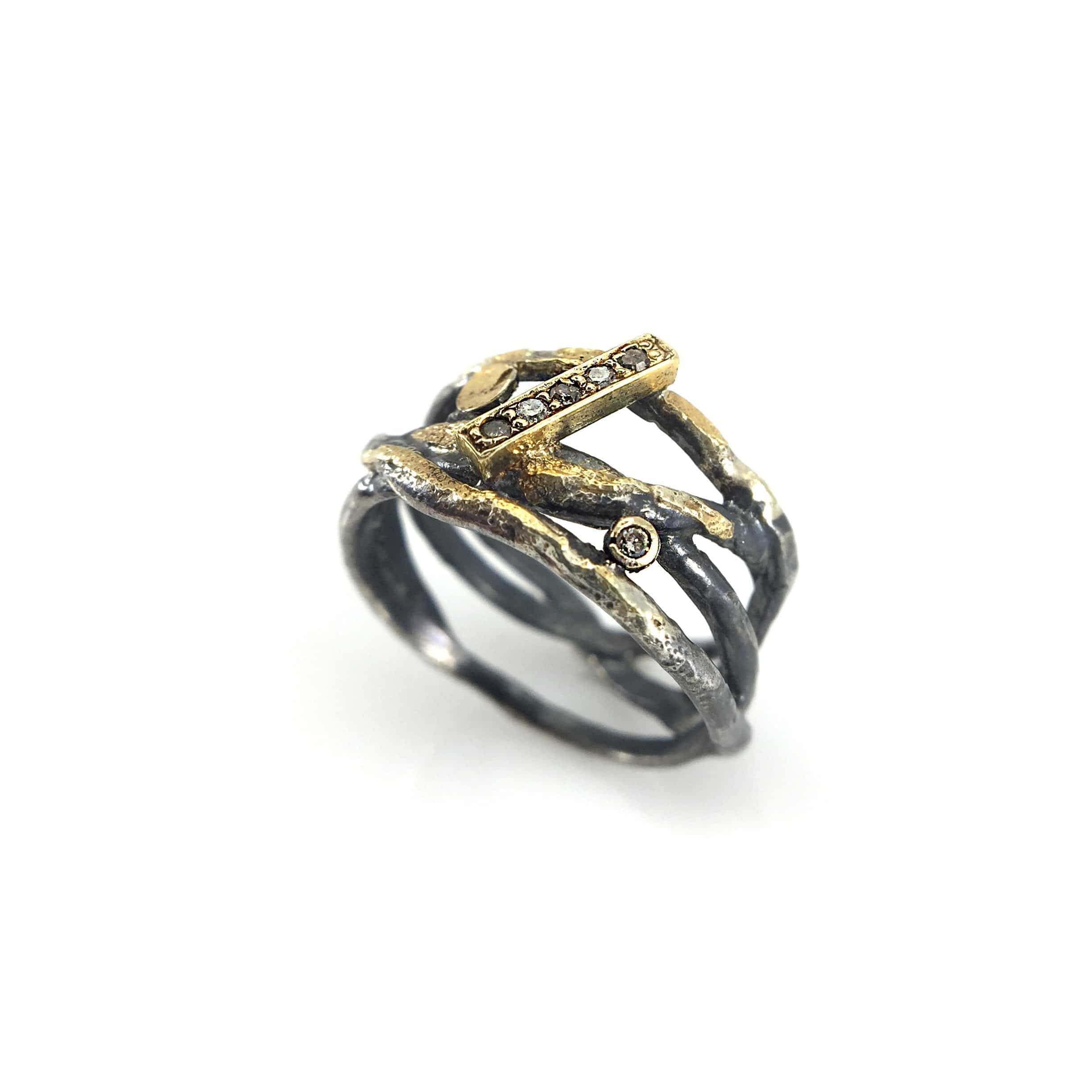 Oxidized Silver, Pave set Diamonds and 22k Gold Wrap Ring - Image 4