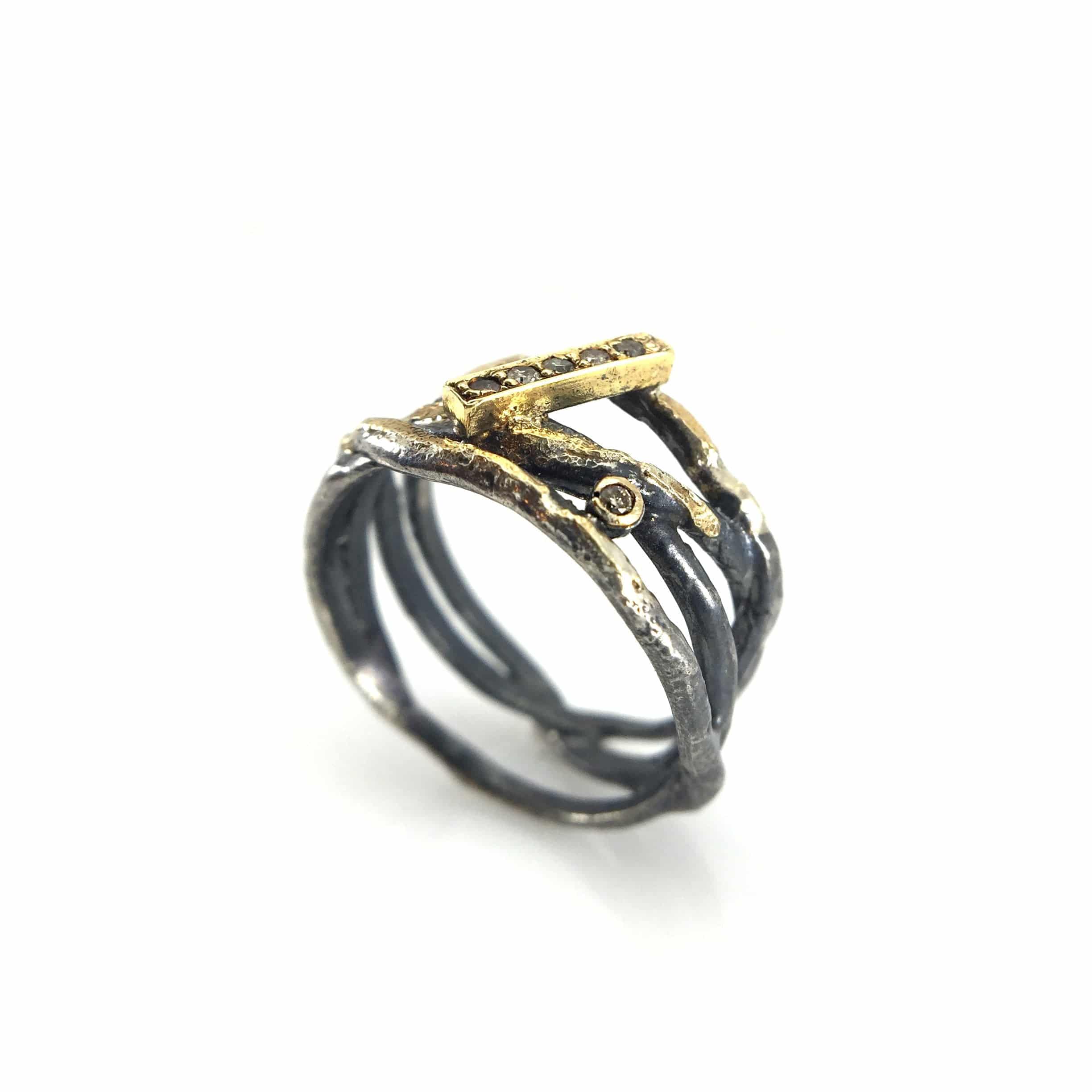 Oxidized Silver, Pave set Diamonds and 22k Gold Wrap Ring - Image 5