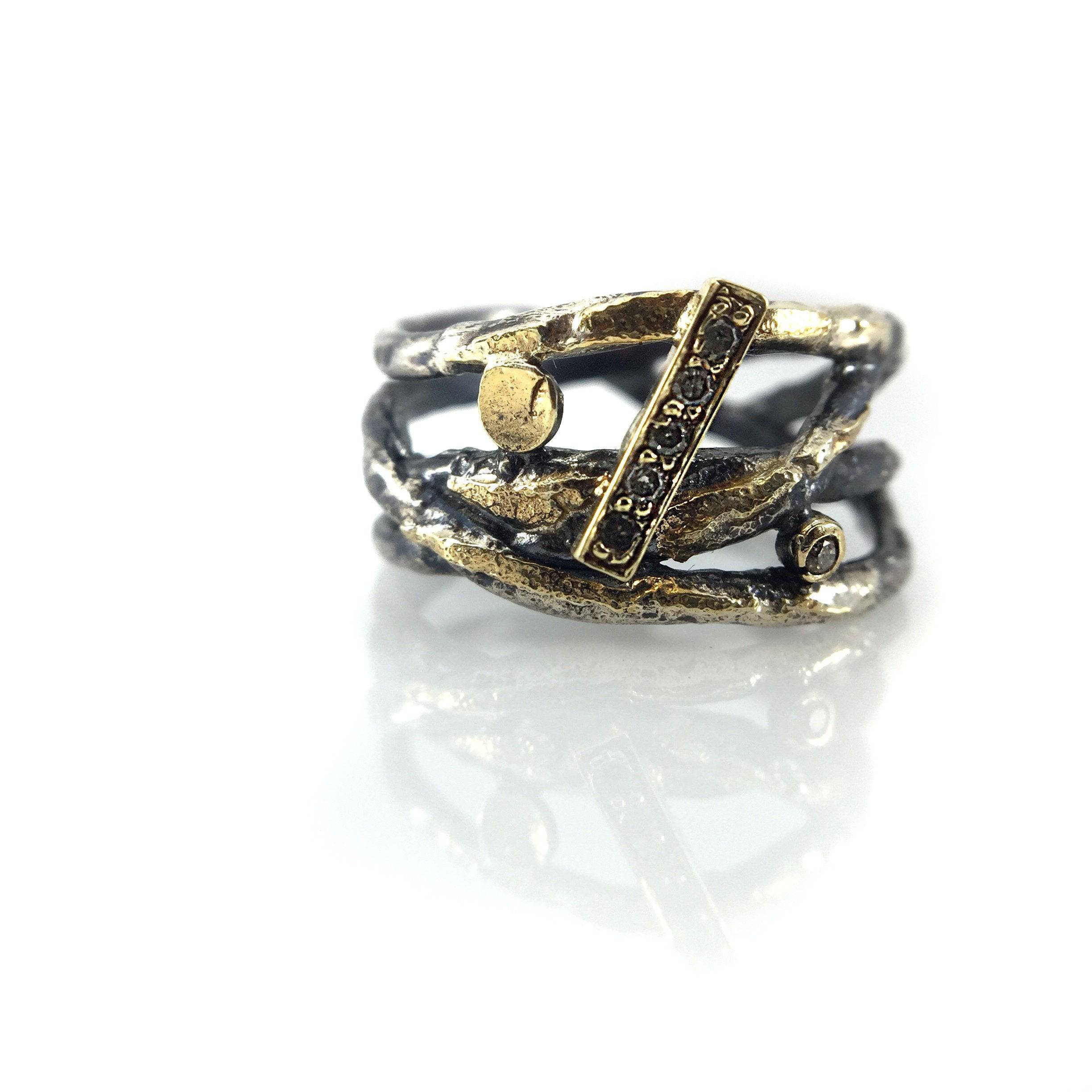 Oxidized Silver, Pave set Diamonds and 22k Gold Wrap Ring - Image 6