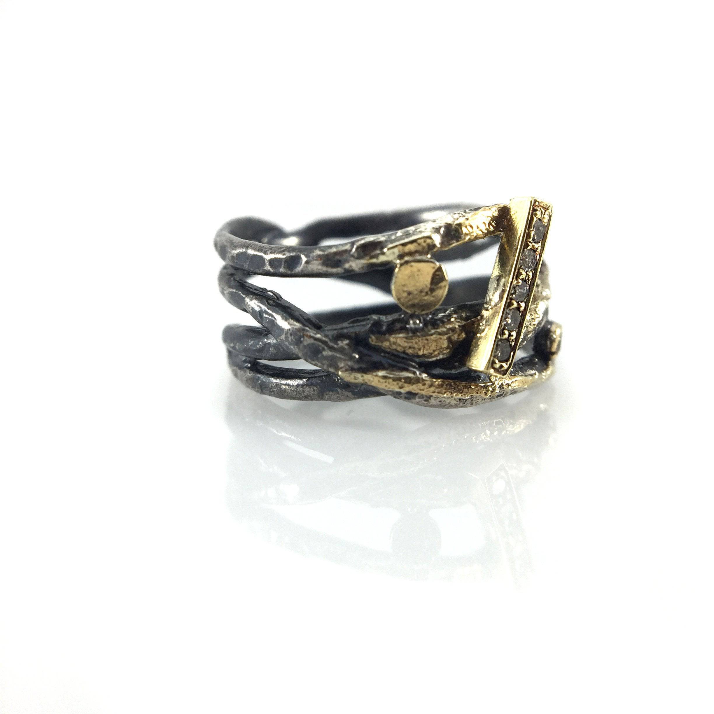 Oxidized Silver, Pave set Diamonds and 22k Gold Wrap Ring - Image 7