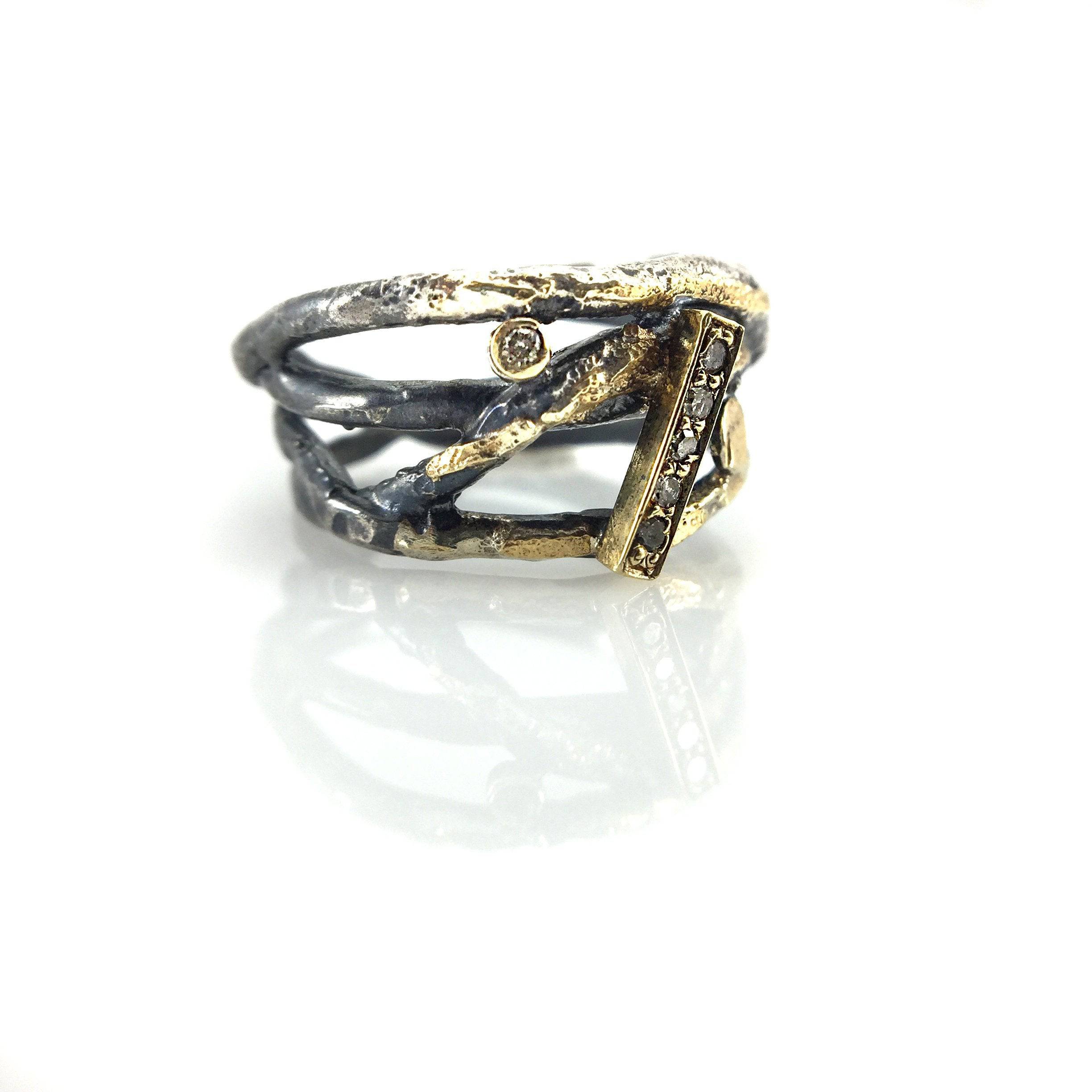 Oxidized Silver, Pave set Diamonds and 22k Gold Wrap Ring - Image 8