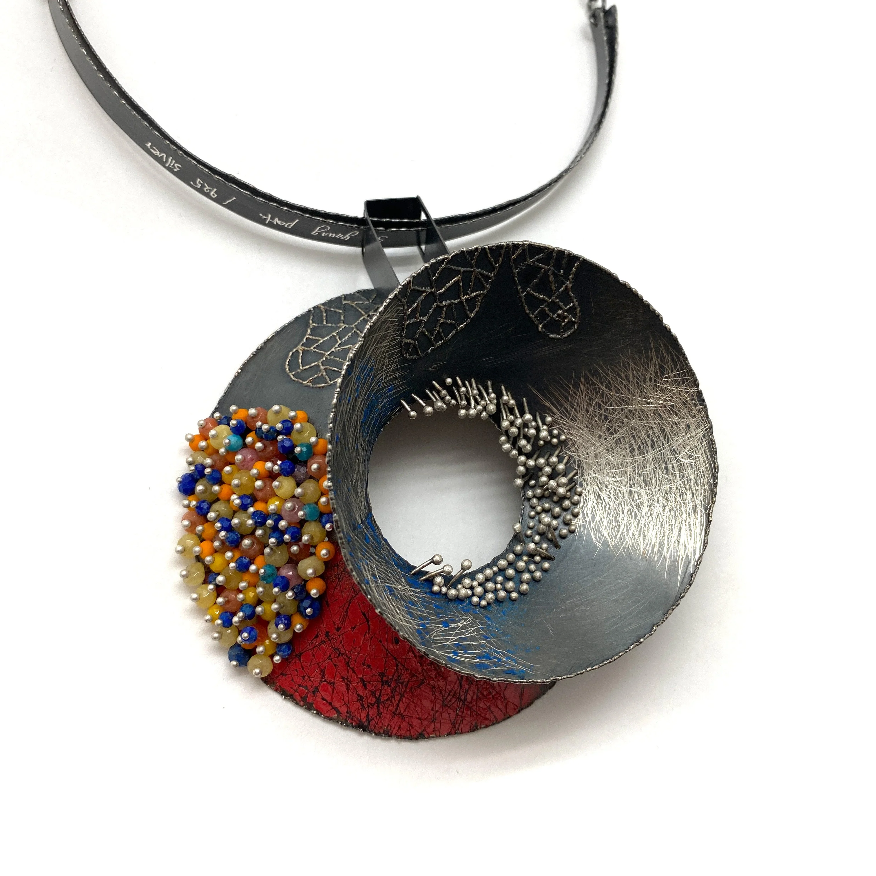 Red and Multi-Bead Silver Concave XL Collar Necklace - Image 3