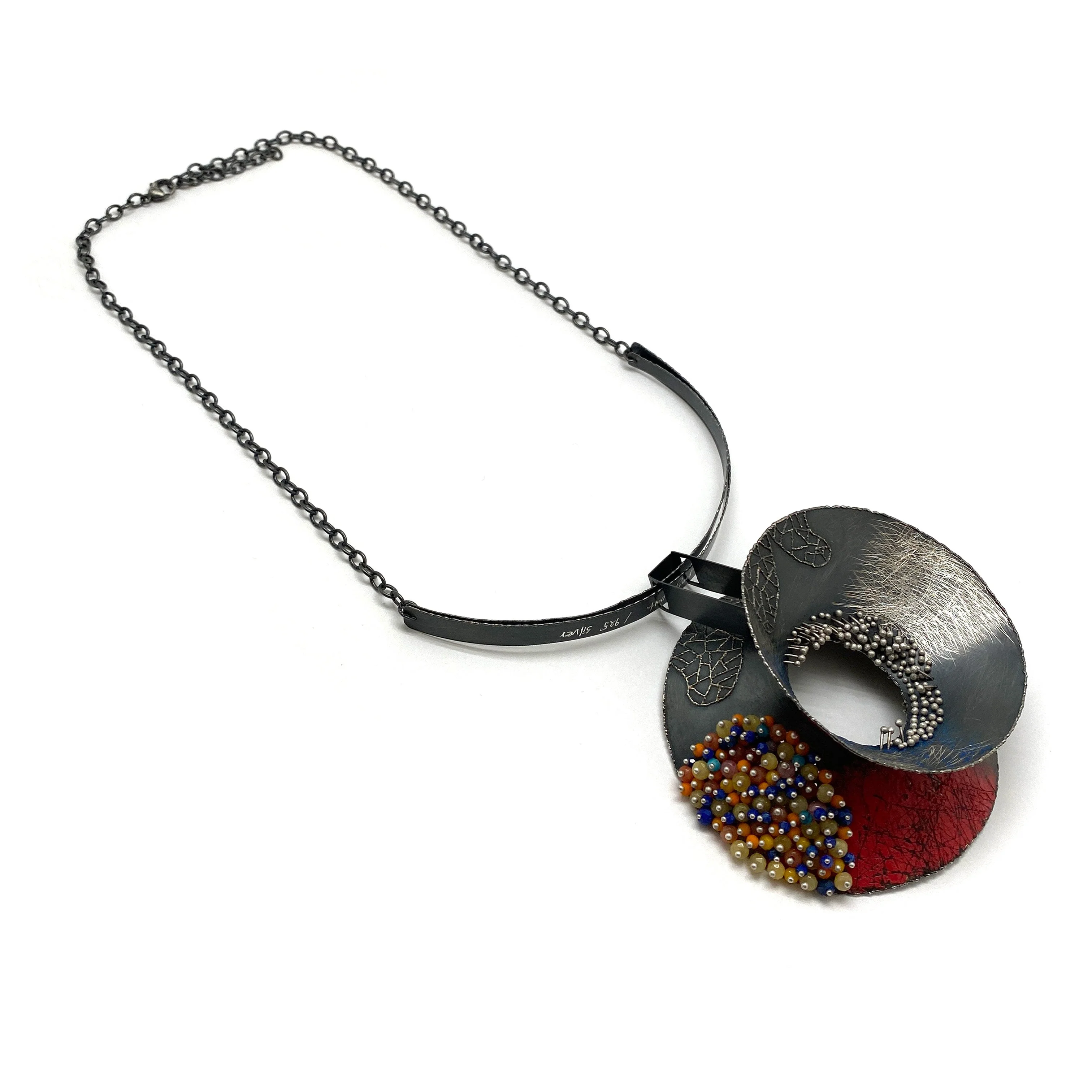 Red and Multi-Bead Silver Concave XL Collar Necklace - Image 4
