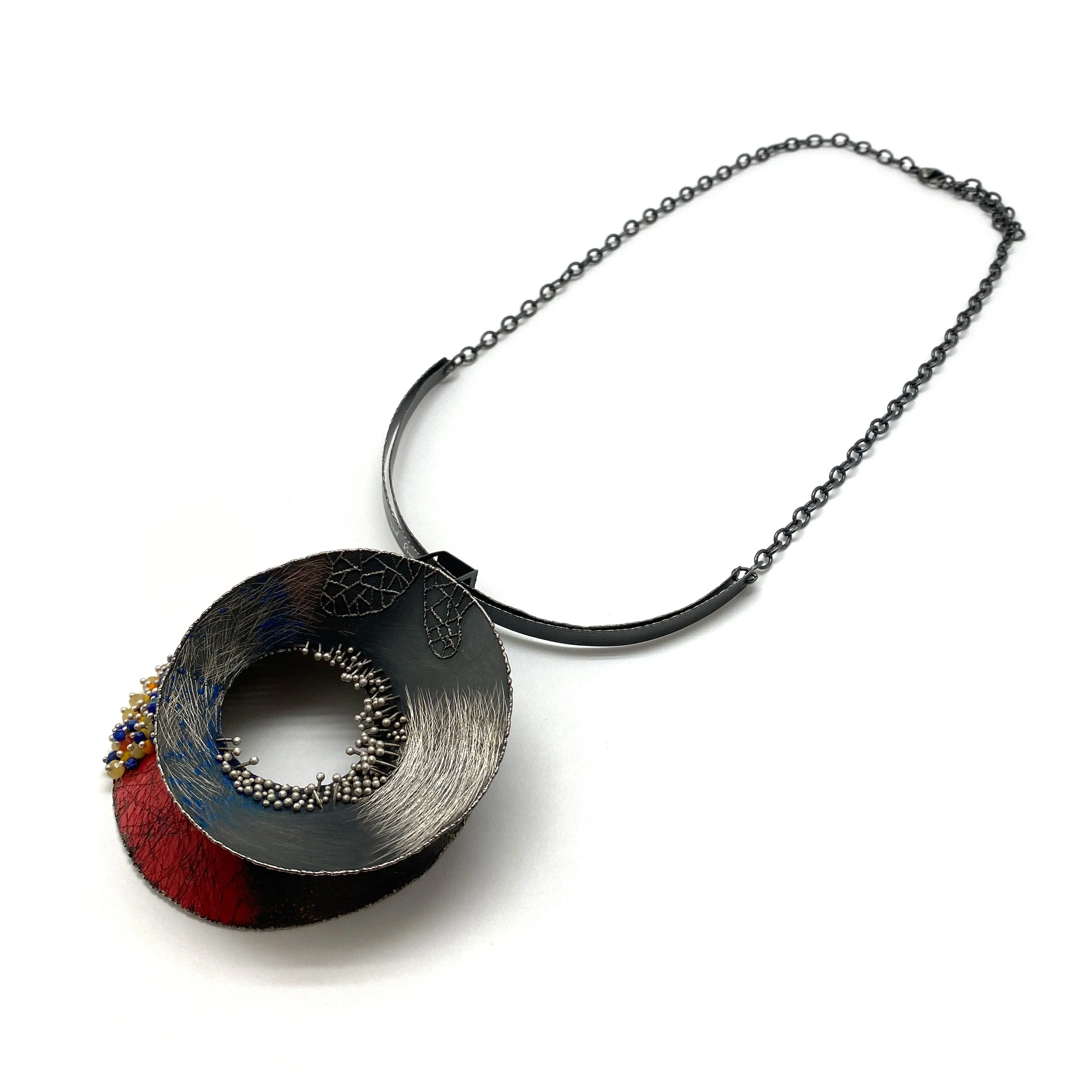 Red and Multi-Bead Silver Concave XL Collar Necklace - Image 5